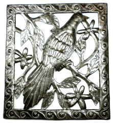 HMDSQUARE-D2-534028 Single Bird in a Tree Oil Drum Metal Art 11x12" | Haiti Fair Trade by Global Crafts