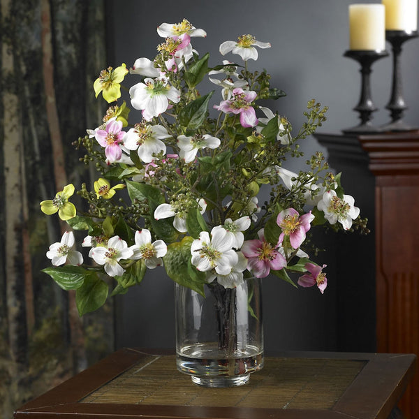 Dogwood Silk Flowers in Water with Vase by Nearly Natural 15 inches Shakespeare's Attic