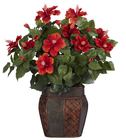 6667 Hibiscus Silk Plant with Wood Planter by Nearly Natural | 24 inches