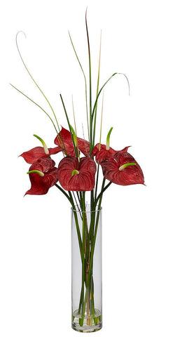 1290 Anthurium Artificial Flowers w/Cylinder Vase by Nearly Natural | 30"