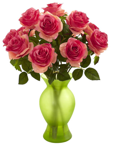 1351-DP Dark Pink Artificial Roses in Sophia Vase in 7 colors by Nearly Natural | 18"
