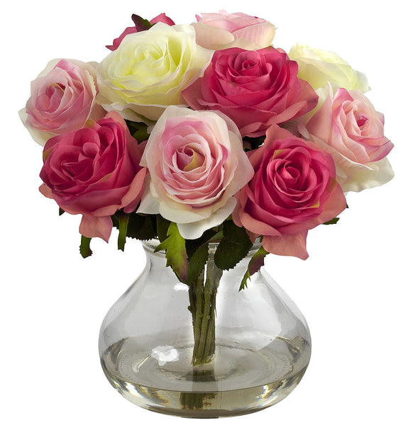 Artificial Roses in Vase in 10 colors by Nearly Natural 11 inches