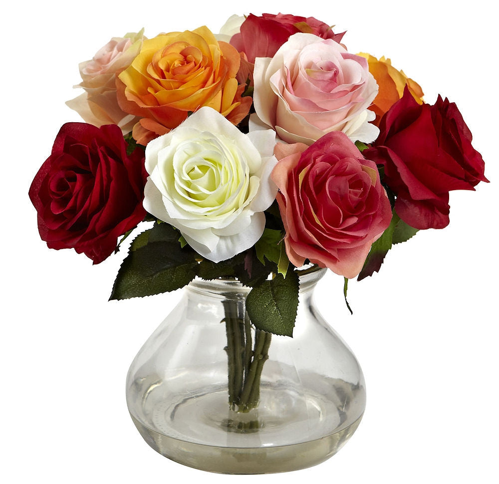 Artificial Roses in Vase in 10 colors by Nearly Natural 11 inches