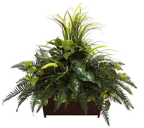 Mixed Faux Grass & River Fern Plant in Wood Planter | 3 feet