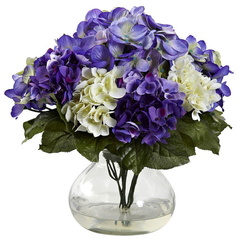 1364-BP Mixed Silk Hydrangea Flowers with Vase by Nearly Natural | 11 inches