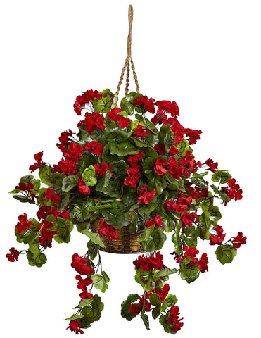 6857-RD Red Geranium Indoor Outdoor Silk Hanging Plant by Nearly Natural | 28"