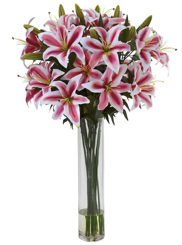 1340 Rubrum Lily Silk Flowers w/Cylinder Vase by Nearly Natural | 34 inches