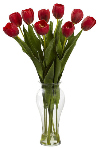 1361-RD Tulips Artificial Silk Flowers in Diva Vase by Nearly Natural | 24"