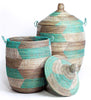 sen10y sen11y Aqua Silver & White Chevron Large Traditional Hamper Storage Basket | Senegal Fair Trade by Swahili Imports