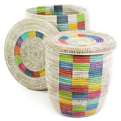 sen45e White with Rainbow Blocks Set of 2 Sand Dune Storage Baskets with Lids | Senegal Fair Trade by Swahili Imports
