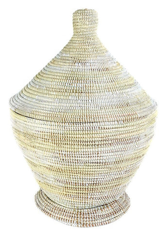 sen50s Cream & White Spiral Medium Tagine Handmade Storage Basket with Lid | Senegal Fair Trade by Swahili Imports