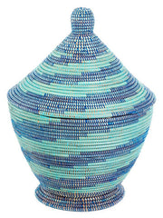 sen50u Aqua & Blue Spiral Medium Tagine Handmade Storage Basket with Lid | Senegal Fair Trade by Swahili Imports