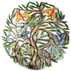 HMDPTREE2 Hand Painted Tree of Life w/ Birds Oil Drum Art 24" | Haiti Fair Trade by Global Crafts