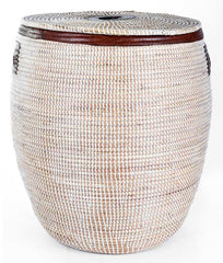 sen48a sen48b White Medium Leather Accent Laundry Hamper Storage Basket with Lid | Senegal Fair Trade by Swahili Imports