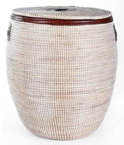 sen48a sen48b White Large Leather Accent Laundry Hamper Storage Basket with Lid | Senegal Fair Trade by Swahili Imports