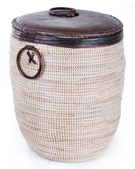 sen48c sen48d White Medium Leather Accent Laundry Hamper Storage Basket with Lid | Senegal Fair Trade by Swahili Imports