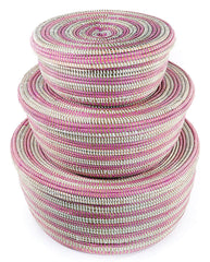 sen37m Pink & White Stripe Set of 3 Lidded Nesting Hat Boxes Storage Baskets | Senegal Fair Trade by Swahili Imports