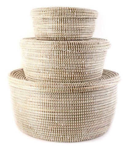 sen37c White Set of 3 Lidded Nesting Hat Boxes Storage Baskets | Senegal Fair Trade by Swahili Imports