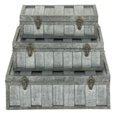 49183 Industrial Design Ribbed Metal Storage Trunk Set of 3 by Benzara