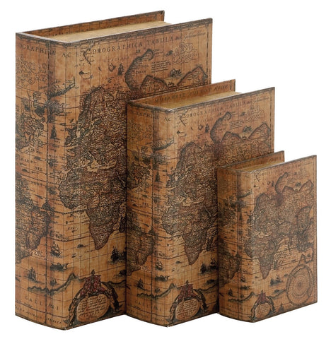 41073 Age of Discovery World Map Faux Leather Wood Book Box Set/3 by Benzara