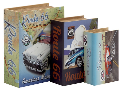 62289 Classic Cars Route 66 Canvas Wood Faux Book Box Set of 3 by Benzara