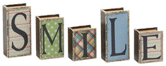 59394 SMILE Faux Leather Wood Mini Book Box Storage Set of 5 by Benzara