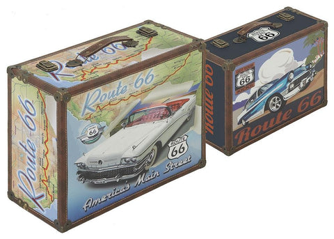 62287 Classic Cars Route 66 Canvas Wood Suitcase Box Set of 2 by Benzara