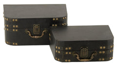 56646 Black Faux Leather Wood Rounded Suitcase Storage Box Set/2 by Benzara