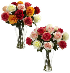 1348 Silk Roses in Water w/Vase in 2 colors by Nearly Natural | 18 inches