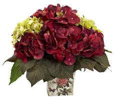 1380 Green & Burgundy Hydrangea 11" Arrangement w/Planter by Nearly Natural