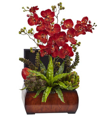 1412 Autumn Orchid & Succulent 22" Silk Arrangement Chest by Nearly Natural