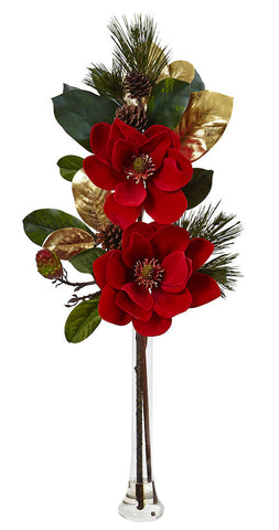 1417 Magnolias & Pine 34" Faux Holiday Flowers with Vase by Nearly Natural