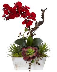 1418-RD Red Orchid & Succulent Silk Flowers by Nearly Natural | 21"