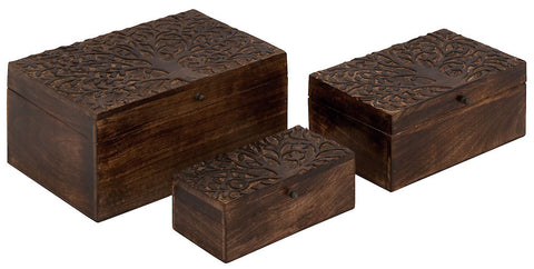 14446 Carved Tree Wood Rectangular Storage Box Set of 3 by Benzara