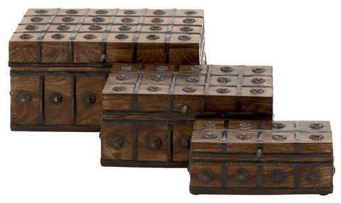 14471 Metal Accented Wood Rectangular Storage Box Set of 3 by Benzara