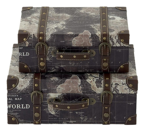 Stanford World Map Faux Leather Wood Suitcase Storage Box Set of 2