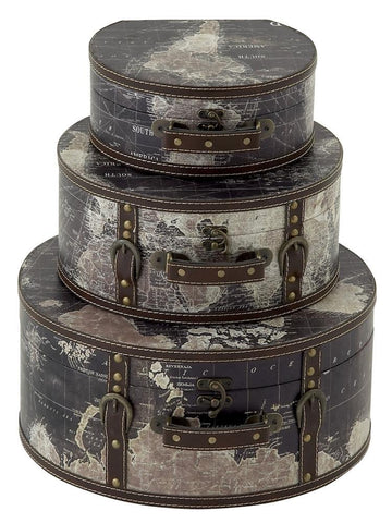 14853 Stanford World Map Faux Leather Wood Travel Hat Box Storage Set of 3 by Benzara