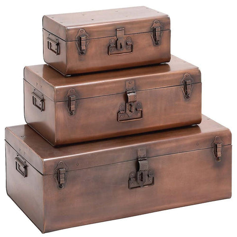 23929 Copper Colored Metal Suitcase Storage Trunk Set of 3 by Benzara
