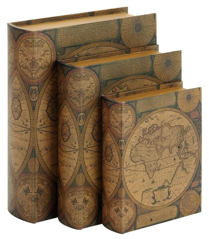 61411 Olde World Map Faux Leather Wood Book Box Storage Set/3 by Benzara