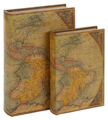 66966 Old America Map Faux Leather Wood Book Box Storage Set/2 by Benzara