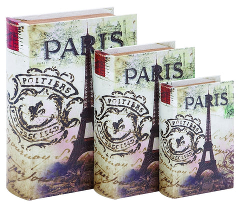 72193 Eiffel Tower Paris Faux Leather Wood Book Box Storage Set/3 by Benzara