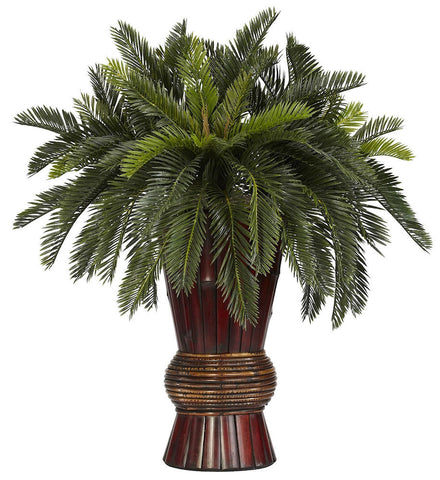 6655 Cycas Silk Plant with Bamboo Planter by Nearly Natural | 29 inches