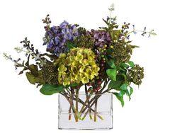 4670 Mixed Silk Hydrangea in Water with Vase by Nearly Natural | 12 inches