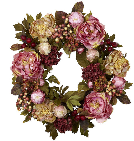 4930 Peony & Hydrangea Artificial Silk Wreath by Nearly Natural | 24 inches