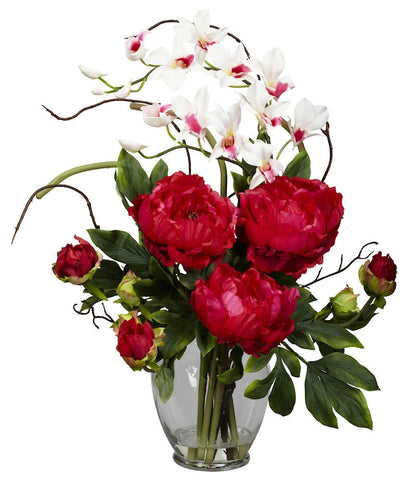 1175-RD Red Peony & Dendrobium Silk in Water in 3 colors by Nearly Natural | 21.5"