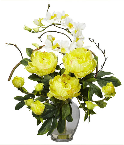 1175-YL Yellow Peony & Dendrobium Silk in Water in 3 colors by Nearly Natural | 21.5"