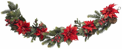4916 Poinsettia & Berry Silk Holiday Garland by Nearly Natural | 5 feet