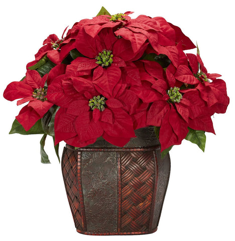 1264 Poinsettia Artificial Silk Holiday Plant by Nearly Natural | 18 inches