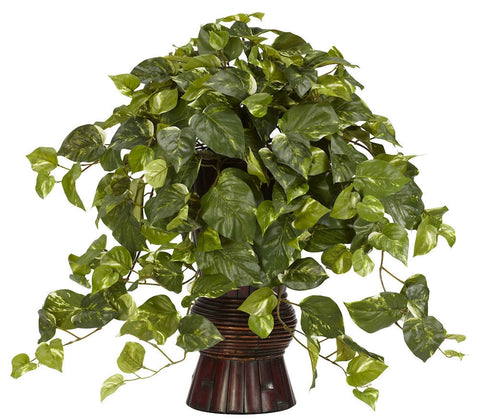 6646 Pothos Silk Plant with Bamboo Planter by Nearly Natural | 28 inches