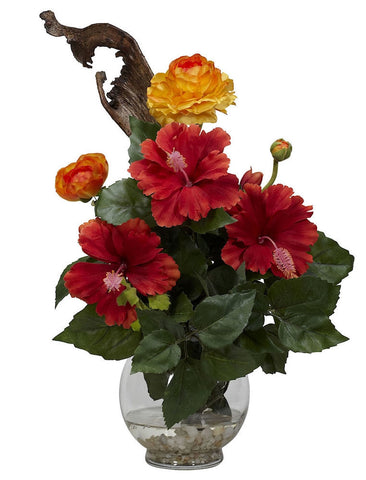 1287 Silk Hibiscus & Ranunculus in Water by Nearly Natural | 16 inches